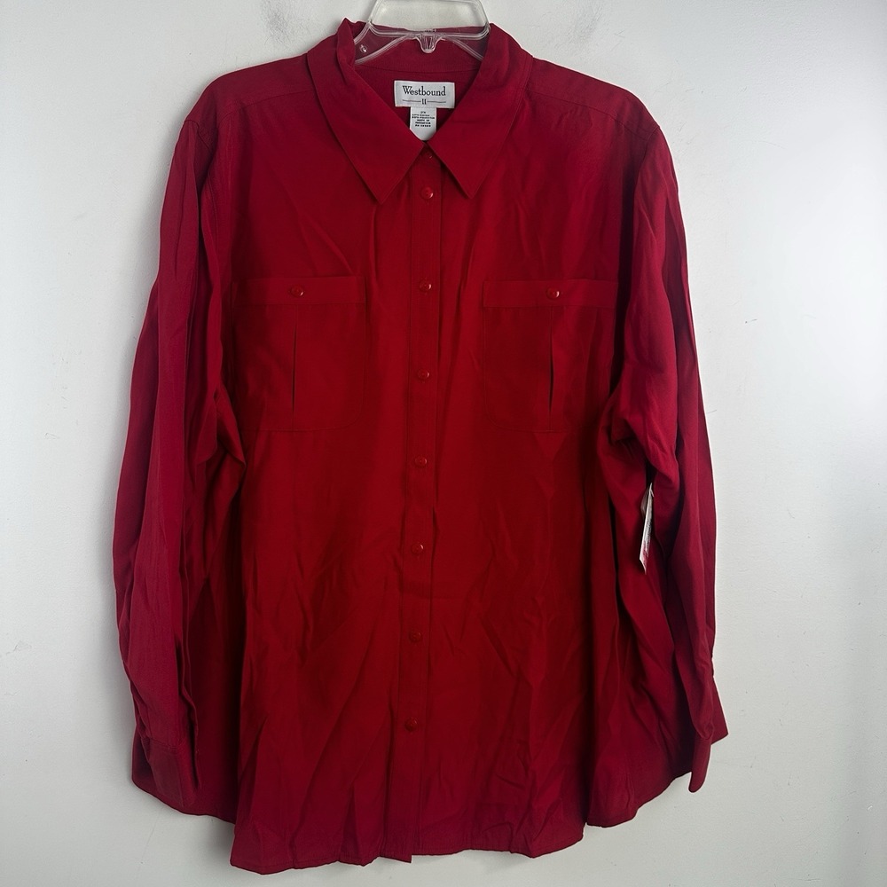 Westbound Womens Plus 2X Button Up Long Sleeve Blouse Tomato Red Office NWT